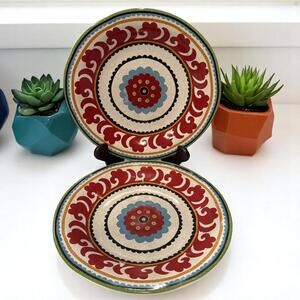 PIER 1 Suzani Medallion Dinner Plate Red Blue plate 10-3/4” Set of 2